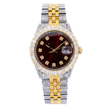Bold Design Moissanite Watch 36MM Burgundy Diamond Dial With Two Tone Bracelet