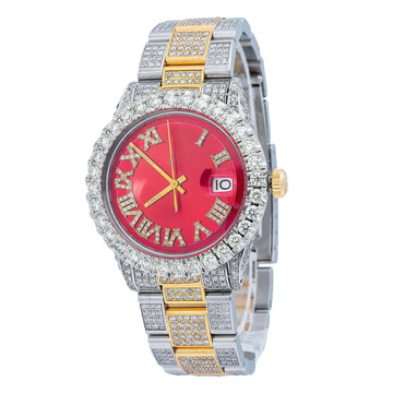 Moissanite Chrono Look Watch 36MM Red Diamond Dial With 9.75 CT Diamonds