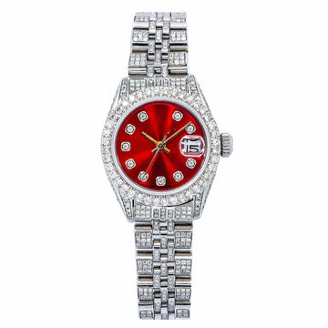 Radiant Moissanite Iced Out Watch 26MM Red Diamond Dial With Stainless Steel Bracelet