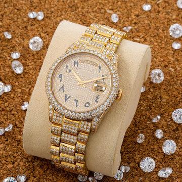 Silver Moissanite Watch 36mm Champagne Custom Arabic Diamond Dial With 15.75 CT Diamonds