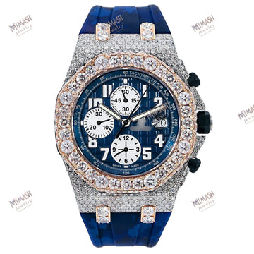 Moissanite Chronograph Style Watch 42MM Blue Dial With Rubber Bracelet