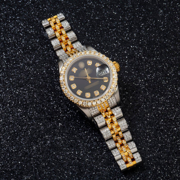 Moissanite Watch Gift Set 26MM Black Diamond Dial And Bezel With Two Tone Jubilee Bracelet