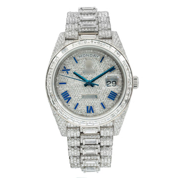 Moissanite Watch for Daily & Party Wear 40MM Diamond Dial And Bezel With Baguette Diamond Presidential Bracelet