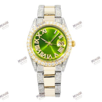 Auric Chrono Moissanite Diamond Watch 36MM Green Diamond Roman Diamond Dial, Bezel, And Two Tone Oyster Bracelet