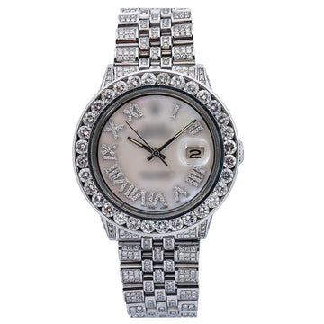 Moissanite Chrono Look Watch White Diamond Roman Numeral Dial With Stainless Steel Bracelet