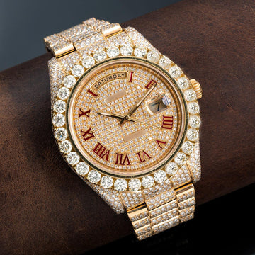 Real Drip Moissanite Watch 41MM Champagne Red Roman Numeral Dial With 21.75 CT Diamonds