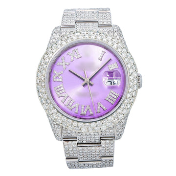 24K Look Moissanite Watch 36MM Violet Diamond Dial With Stainless Steel Oyster Bracelet
