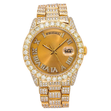 Premium Fit Moissanite Watch 36MM Champagne Diamond Dial With Yellow Gold Bracelet