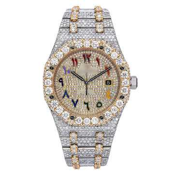 Real Drip Moissanite Watch 41MM Yellow Gold Diamond Dial With Two Tone Bracelet