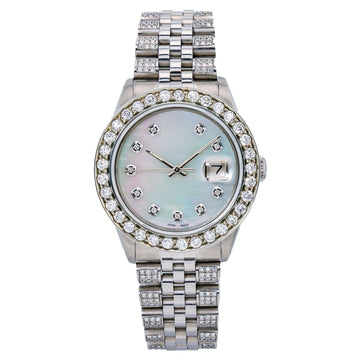Fully Paved Moissanite Watch 36MM White Mother of Pearl Diamond Dial With Stainless Steel Jubilee Bracelet