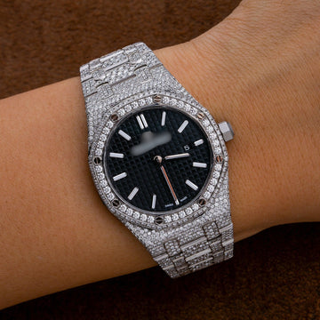 Real Moissanite Diamond Wristwatch 33MM Black Dial With Stainless Steel Bracelet