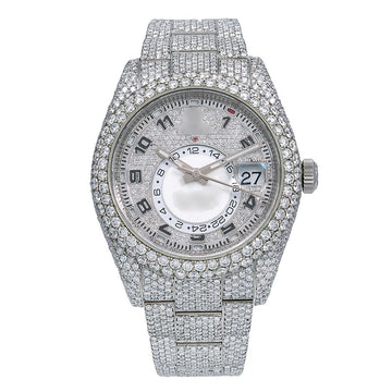 Moissanite Crown Timepiece 42mm Silver Diamond Dial With 22.94 CT Diamonds
