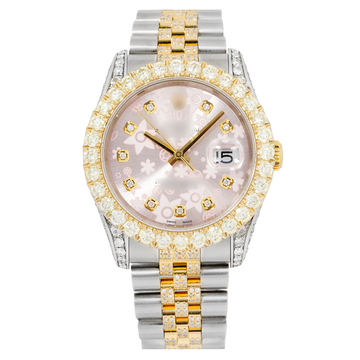 MOISSANITE BLING WATCH FOR MEN & WOMEN 36MM PINK FLOWER DIAMOND DIAL WITH TWO TONE JUBILEE DIAMOND BRACELET