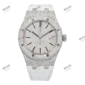Aqua Chrono Moissanite Diamond Watch 37MM Diamond Dial And Bezel With White Rubber Bracelet