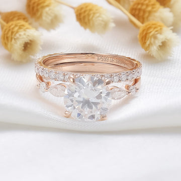 Round Moissanite Unique Round Pave Ring Set