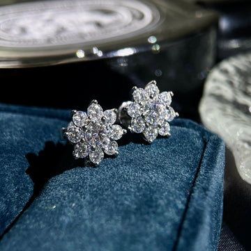 Round Moissanite Earring Studs/Flower Stud Earrings/Real 14k White Gold Earrings/Art Deco Studs Earrings/Floral Cluster Moissanite Earrings