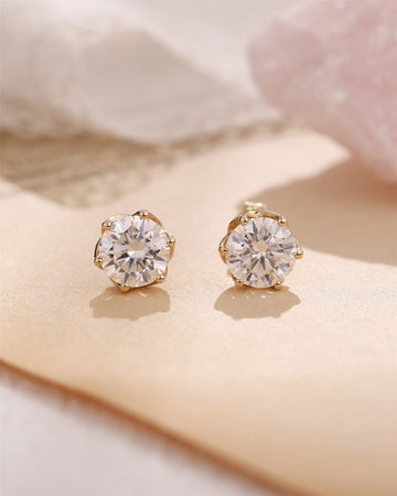 9K/14K/18K Solid Gold Round Moissanite Earrings Stud, D Color VVS1 Moissanite Gemstone Stud Earrings for Women