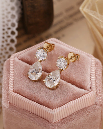 Solid Gold Round & Pear Moissanite Studs, Dainty Wedding Earrings, Anniversary/ Valentine's Day/ Birthday Gift for Woman, Wife, Girlfriend