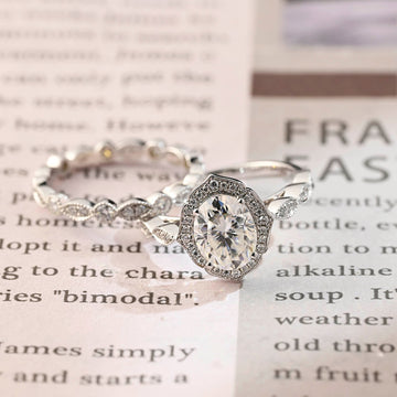 Oval Cut Halo Milgrain Moissanite Promise Handmade Bridal Ring Set for Women