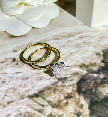 Round Cut Moissanite Engagement Ring Set/Plain Band, Hidden Halo Wedding Ring, 9K/14K/18K Solid Gold Bridal Set, Birthday Gift for Woman