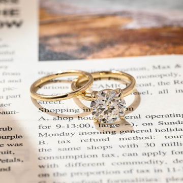 Old European Round Cut Solid Gold Plain Band Moissanite Bridal Ring Set For Women