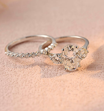 Oval Three Stone Moissanite Round Pave Wedding Band