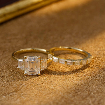 Solid Gold Emerald Cut Moissanite Engagement Ring and Wedding Ring Set, Three Stones Bridal Ring Set, Anniversary / Birthday Gift for Women
