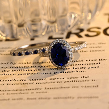 Sapphire Oval Cut Paved Halo Moissanite Engagement Bridal Ring Set