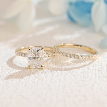 Solid Gold Radiant Cut Moissanite Engagement Ring and Wedding Ring Set, Bridal Ring Set, Art Deco Ring, Valentine's Day Gift for Woman, Wife