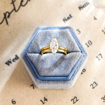 Solitaire Marquise Cut Moissanite Ring Set, 9K/14K/18K Solid Gold Plain Band Moissanite Bridal Ring Set For Her, Engagement/Wedding Ring Set