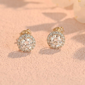 Halo Round Moissanite Earring Studs Screw Back, Solid Gold 5mm Round Earring Studs, Vintage Wedding Earrings, Anniversary Gift for Women