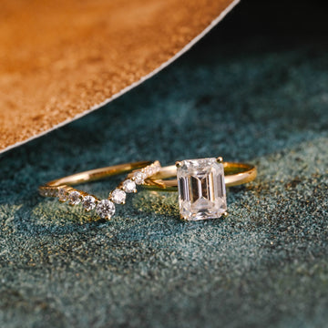 Solid Gold Emerald Cut Moissanite Engagement Ring and Wedding Ring Set, Classic Bridal Ring Set, Anniversary / Birthday Gift for Women, Wife