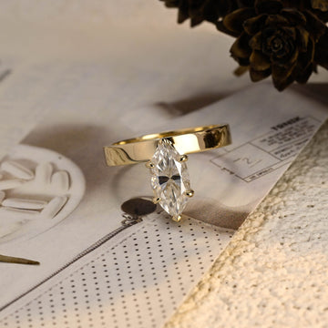 3.5mm Marquise Cut Solid Gold Off Center Handmade Moissanite Wedding Band