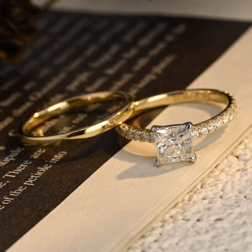 Two Tone Princess Cut Solid Gold Plain Band Moissanite Engagement