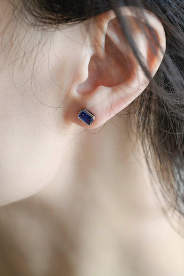 Solid Gold Ocean Blue Sapphire Bezel Emerald Cut Earring Studs, Push Back / Screw Back Studs, Minimalist Earring Anniversary Gift for Woman
