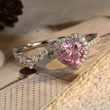 Heart Cut Pink Moissanite Solid Gold Heart Shaped Vintage Style Wedding Ring