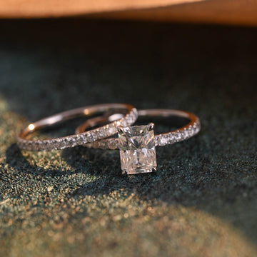 Solid Gold Radiant Cut Moissanite Engagement Ring & Wedding Band Set, Bridal Ring Set, Art Deco Ring, Anniversary Gift for Woman, Wife