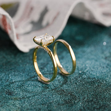 Solitaire Radiant Cut Moissanite Engagement Ring Set, Solid Gold Plain Band Hidden Halo Bridal Set, Engagement Anniversary Gift for Woman