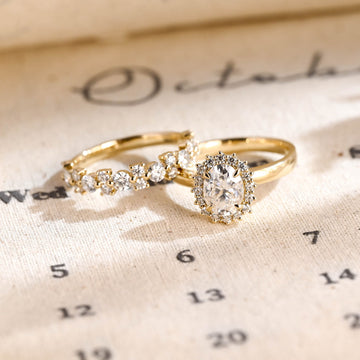 Oval Cut Moissanite Half-Eternity SunFlower Moissanite Wedding Ring Set