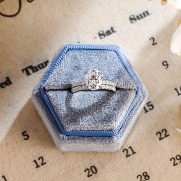 Oval Cut Paved Halo Moissanite Wedding Ring Set for Women