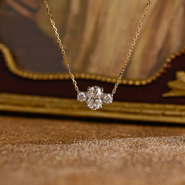 Solid Gold Oval&Round Cut Moissanite Pendant, Classic Prong Setting Trio Stone Dainty Pendant, Anniversary / Birthday Day Gift For Women