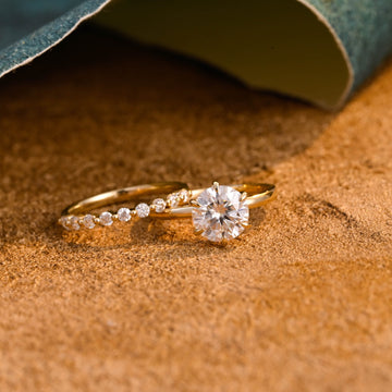 Solid Gold Round Cut Moissanite Engagement Ring and Wedding Band Set, Bridal Ring Set, Art Deco Ring, Anniversary Gift for Woman, Wife, Her