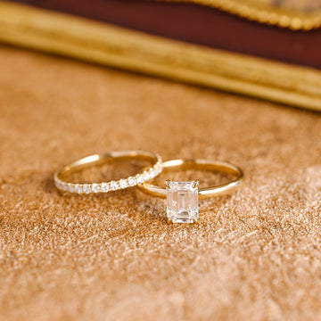 Solid Gold Emerald Cut Moissanite Engagement Ring and Wedding Ring Set, Classic Bridal Set, Art Deco Ring, Anniversary Gift for Woman, Wife