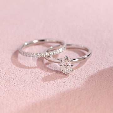 1ct Oval Cut Moissanite Engagement Ring Set, 14K White Gold Moissanite Bridal Set, Half Eternity Wedding Band Matching Band Gift for Women