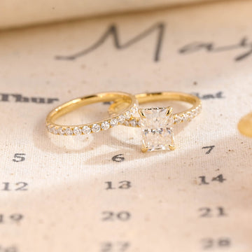 Radiant Cut Paved Hidden Halo Moissanite Engagement Bridal Ring Set, Moissanite Wedding Ring Set Solid Gold Full-Eternity Moissanite Band