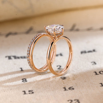 Hidden Halo Pear Cut Moissanite Engagement Ring Set, Real Solid Gold Full-Eternity Pear Cut Moissanite Bridal Ring Set Wedding Ring Set
