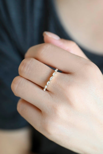 Solid Gold Marquise Cut Moissanite Art Deco Half Eternity Wedding Ring