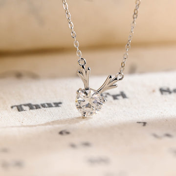 Round Cut Moissanite Reindeer Holiday Necklace for Christmas, Real Solid Gold Winter Wonderland Dear Pendant Necklace, Deer Horn Jewelry