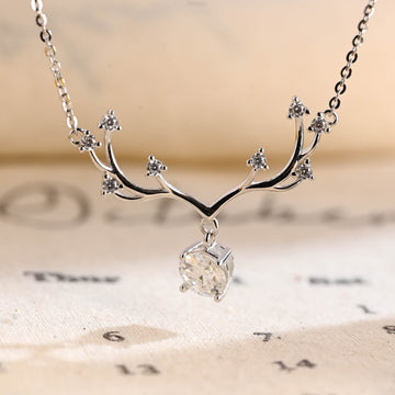 Round Cut Moissanite Reindeer Holiday Necklace for Christmas, Real Solid Gold Winter Wonderland Dear Pendant Necklace, Deer Horn Jewelry
