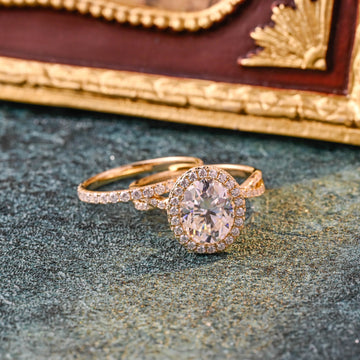 Solid Gold Oval Cut Moissanite Engagement Ring and Wedding Ring Set, Art Deco Ring Set, Vintage Bridal Ring Set, Anniversary Gift for Woman